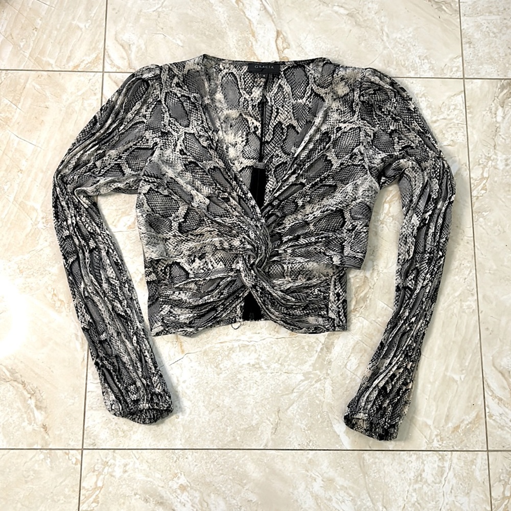 Garcia Snake Skin Blouse with twisted front and cut outs